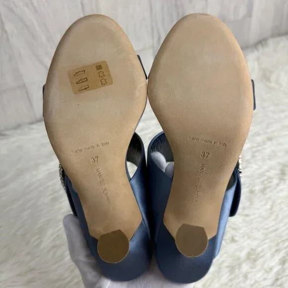 Manolo Blahnik Blue Satin Fibiona Mules Heels Swarovski Rhinestone Sandals - Picture 5 of 6